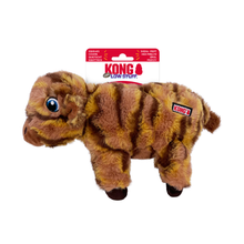 Load image into Gallery viewer, A Kong Low Stuff plush toy dog shaped like a tiger, with brown and tan stripes, a blue eye, and a red-and-white Kong Low Stuff hang tag behind it on a white background.
