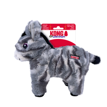 Load image into Gallery viewer, Kong Low Stufz plush donkey dog toy in gray and black zebra stripes, shown with its red and white retail packaging card against a plain white background.
