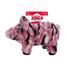 Load image into Gallery viewer, Kong Low Stufz! plush pig toy in pink and dark brown zebra stripes, shown with its retail packaging card on a plain white background.
