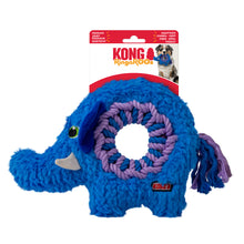 Load image into Gallery viewer, Blue elephant-shaped dog toy with a purple ring on a white background
