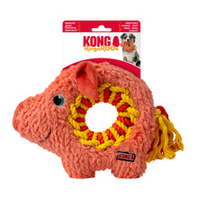 Load image into Gallery viewer, Pink dog toy shaped like a pig with a yellow rope ring, featuring KONG branding.
