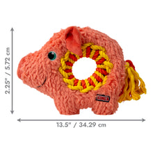 Load image into Gallery viewer, Pink plush toy with a yellow and red rope around its neck, featuring a KONG logo, on a white background with measurements indicated.
