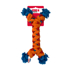 Load image into Gallery viewer, Kong Rope dog toy in the shape of the letter 'J', featuring orange, red, and blue braided rope with blue frayed ends, attached to a red cardboard backing.
