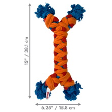 Load image into Gallery viewer, Colorful braided dog toy with measurements on a white background
