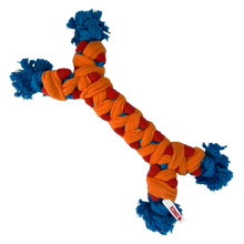 Load image into Gallery viewer, Colorful braided dog toy with pom-poms on a white background
