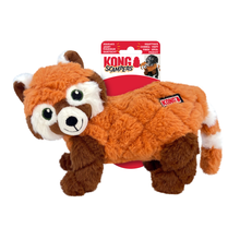 Load image into Gallery viewer, Kong Scampers red panda dog toy, featuring a plush orange, brown, and white red panda with a red hanging loop, shown with its retail packaging on a white background.
