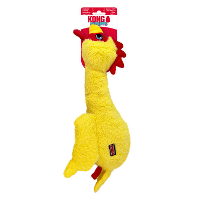 Yellow chicken-shaped plush toy with red accents on a white background