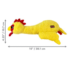 Load image into Gallery viewer, Yellow plush chicken toy with dimensions on a white background
