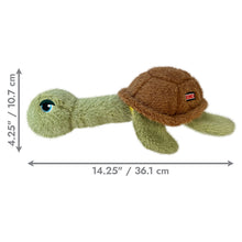 Load image into Gallery viewer, Tortoise-shaped plush toy with dimensions indicated on a white background
