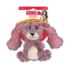 Load image into Gallery viewer, Kong Scruffle interactive plush dog toy in its original retail packaging, featuring a brown and pink rabbit with long floppy ears and a cream-colored belly.
