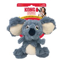 Load image into Gallery viewer, Kong Scruplz slide ears side to side dog toy, a plush koala in blue-gray and cream, shown with its retail packaging on a white background.

