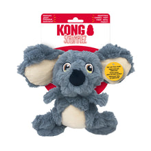 Load image into Gallery viewer, Kong Scruplez plush koala toy in its retail packaging, featuring a gray and cream-colored koala with a red collar, set against a plain white background.

