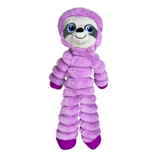 Load image into Gallery viewer, A plush sloth toy wearing a fuzzy purple hooded onesie with a white face and blue eyes, shown against a plain white background.
