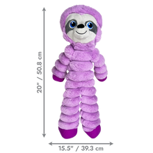 Load image into Gallery viewer, Purple plush toy sloth with measurements on a white background
