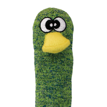 Load image into Gallery viewer, A green and blue marled knit sock puppet toy with a yellow beak and embroidered cartoon eyes, shown against a plain white background.
