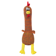 Load image into Gallery viewer, A plush chicken dog toy with a textured orange and brown body, yellow legs, a yellow beak, and a red comb, shown against a plain white background.
