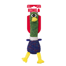 Load image into Gallery viewer, Kong toy dog chew in the shape of a bird with a green textured neck, yellow beak and feet, and a blue and red patterned body, attached to a white and red cardboard backing.
