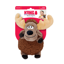 Load image into Gallery viewer, Kong Puppy Snouters moose squeaker toy in its original retail packaging, featuring a brown corduroy plush body, beige velvet antlers, and a red backing card.
