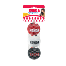 Load image into Gallery viewer, KONG Signature durable halles dog toy set in a white mesh hanging bag with its retail header card. The set contains three balls: red with white KONG text, white with black KONG text, and black with red KONG text.
