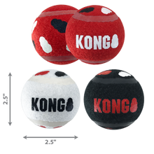 Load image into Gallery viewer, Four KONG brand dog toys in red, white, and black with dimensions indicated.
