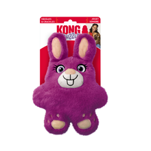 Load image into Gallery viewer, A purple plush rabbit dog toy with a white snout and pink inner ears, attached to a red and white KONG Bruzzle squeaker card, on a plain white background.
