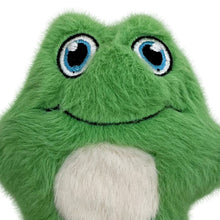 Load image into Gallery viewer, A close-up of a green plush frog toy with large embroidered blue eyes, a stitched smile, and a white belly patch on a plain white background.
