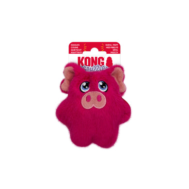 Pink fuzzy toy with cartoon face on a white background, featuring KONG branding.