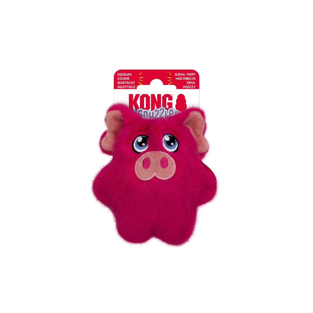 Pink fuzzy toy with cartoon face on a white background, featuring KONG branding.