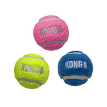 Load image into Gallery viewer, Three KONG brand tennis balls in pink, green, and blue on a white background
