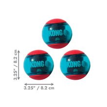 Load image into Gallery viewer, Three blue and red KONG balls with measurements on a white background
