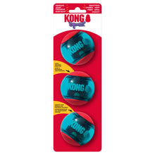 Load image into Gallery viewer, Kong Squeakers dog toy package containing three translucent blue and red spherical squeakers on a red and white cardboard backing.

