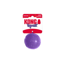 Load image into Gallery viewer, Kong Squeakz dog toy, a purple textured rubber ball, shown in its original retail packaging with a red and white cardboard header.

