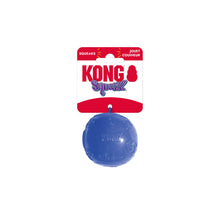 Load image into Gallery viewer, KONG Squeazz ball dog toy in blue, attached to its original red and white cardboard packaging header card, shown against a plain white background.
