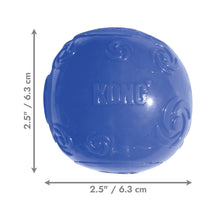 Load image into Gallery viewer, Blue Kong dog toy ball shown with dimension arrows and text indicating a height and width of 2.5 inches (6.
