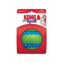Load image into Gallery viewer, Kong Squeaks Sport Squeezz dog toy in red packaging, showing a green and blue squeaker ball through a circular cutout.
