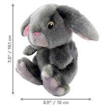 Load image into Gallery viewer, Gray plush bunny with measurements on a white background
