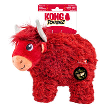 Load image into Gallery viewer, Kong Toughz plush bull dog toy in red with white horns and a beige snout, shown with its retail header card packaging on a white background.
