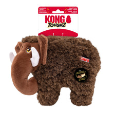 Load image into Gallery viewer, Kong Toughz Mammoth plush dog toy in brown faux fur with a red and white hanging retail card, photographed on a plain white background.

