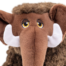 Load image into Gallery viewer, Close-up of a plush woolly mammoth toy with brown fur, white tusks, and yellow eyes.
