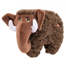 Load image into Gallery viewer, A brown woolly mammoth plush toy with white tusks, large yellow eyes, and a shaggy brown fur texture, shown against a plain white background.
