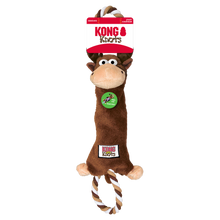 Load image into Gallery viewer, Kong Knobs plush monkey dog toy with a brown body, beige face and paws, and a brown-and-white rope tail, shown hanging from its branded retail header card on a white background.
