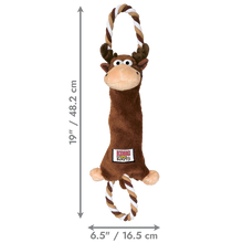 Load image into Gallery viewer, A brown plush reindeer dog toy with a rope handle and rope tail, shown on a white background with dimension arrows and text indicating 19 inches (48.2 cm) tall and 6.
