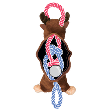 Load image into Gallery viewer, A brown plush reindeer dog toy shown from the back, featuring a black interior with a red and blue rope knot toy and a silver ball inside, plus a red rope handle on top and a blue rope handle on the tail.
