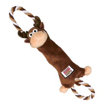 Load image into Gallery viewer, A plush dog toy shaped like a brown reindeer with a cream-colored snout and ears, featuring a braided brown and white rope loop at the head and tail, and a small visible KONG brand patch.
