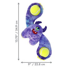 Load image into Gallery viewer, Purple plush toy with tennis balls, showing dimensions on a white background
