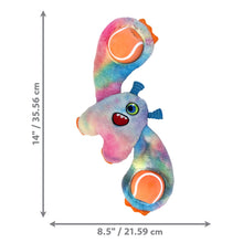 Load image into Gallery viewer, Colorful seahorse-shaped toy with dimensions on a white background
