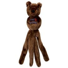 Load image into Gallery viewer, A brown plush Kong Wubba dog toy shaped like a bear with long legs and embroidered text on the chest, shown against a plain white background.
