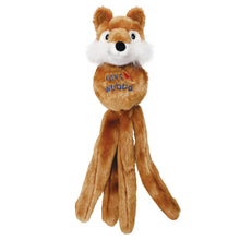 Load image into Gallery viewer, A plush dog toy shaped like a fox with a round brown body, white face, and four long brown legs. The body has blue embroidered text reading 'KONG WUBBA'.
