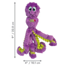 Load image into Gallery viewer, Purple and green dog toy with measurements on a white background
