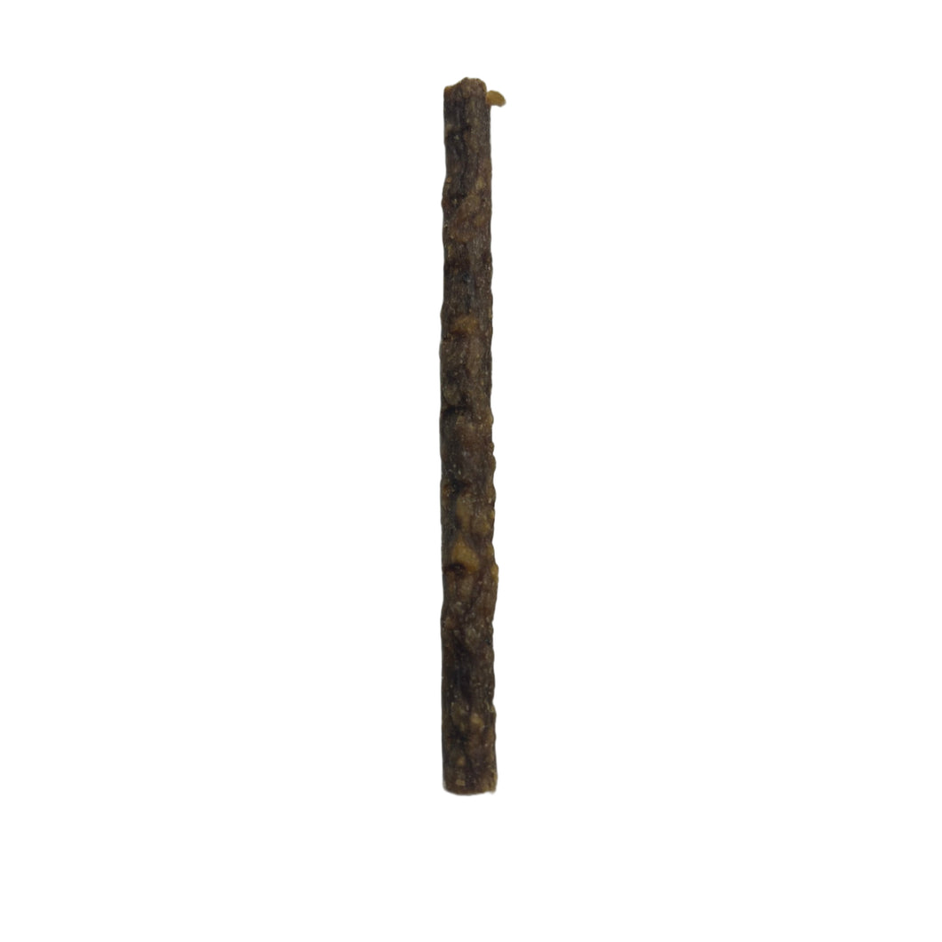 Long, thin, brown Lamb Jerky Stick tick on a white background